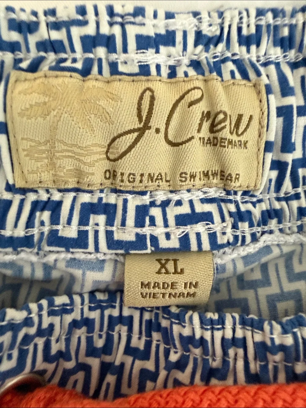 J. Crew Men's Navy Blue and White Geometric Swim Shorts with Orange Drawstring